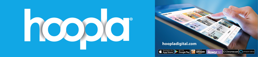 Hoopla logo and image of person using electronic tablet