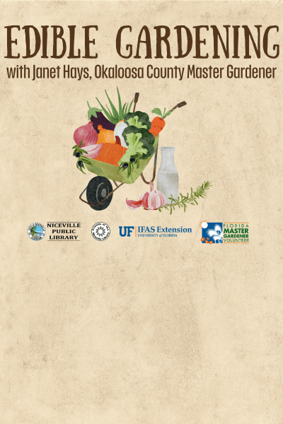 EDIBLE GARDENING text with clip art of wheelbarrow filled with food