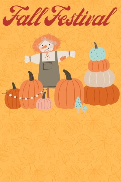 Fall Festival text with cartoon scarecrow and pumpkins
