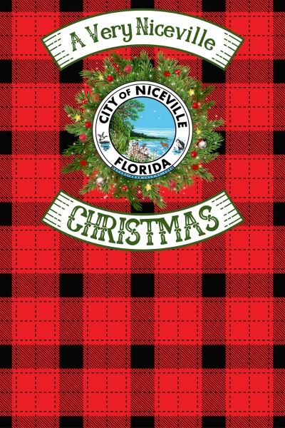 A Very Niceville Christmas logo on red plaid background