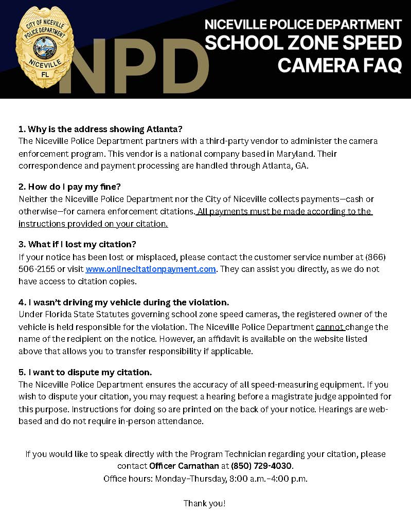 School Zone Speed Camera FAQ